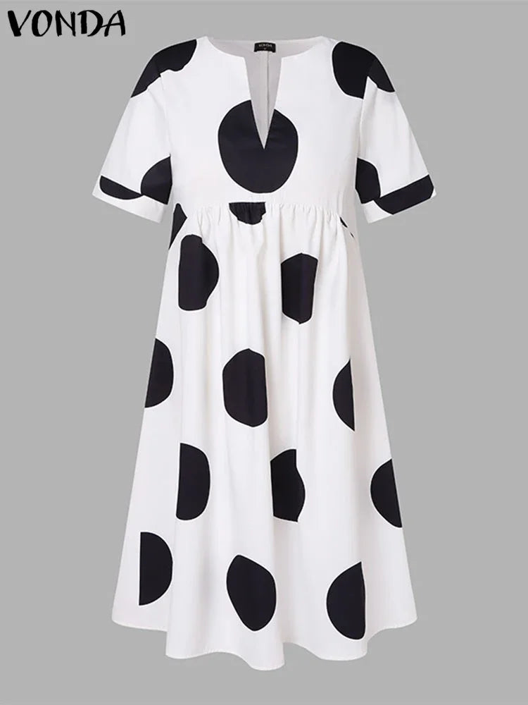 VONDA Plus Size 5XL Women Dress 2025 Summer Bohemian Polka Dot Maxi Long Dress V Neck Party Sundress Vestido Beach Robe Elegant