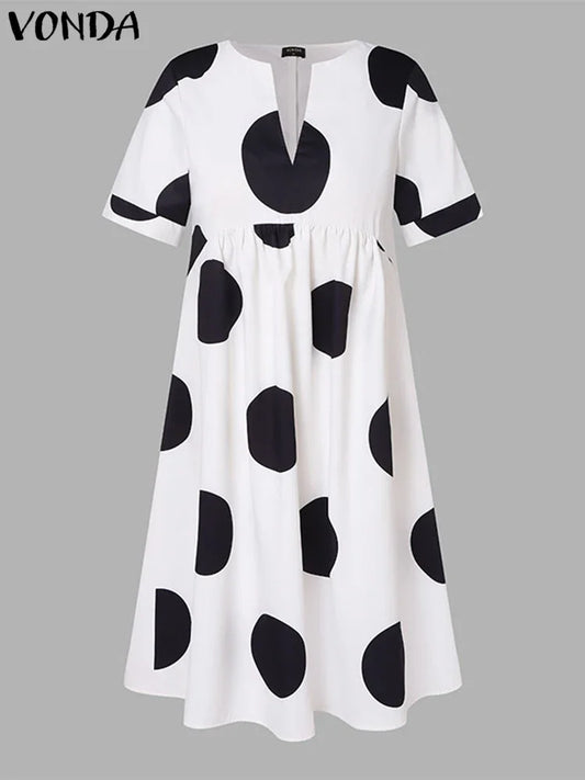 VONDA Plus Size 5XL Women Dress 2025 Summer Bohemian Polka Dot Maxi Long Dress V Neck Party Sundress Vestido Beach Robe Elegant