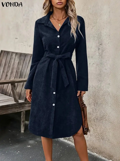 Elegant Plus Size Dresses VONDA Women Corduroy Midi Vestidos 2025 Autumn Long Sleeve Solid Casual Streetwear Holiday Party Robe