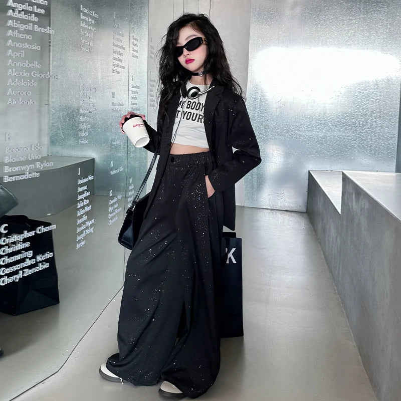 design teen girl shiny suit set black gray Blazer+Wide leg pants 2pc junior kid clothes sets child outftis vetement enfant fille