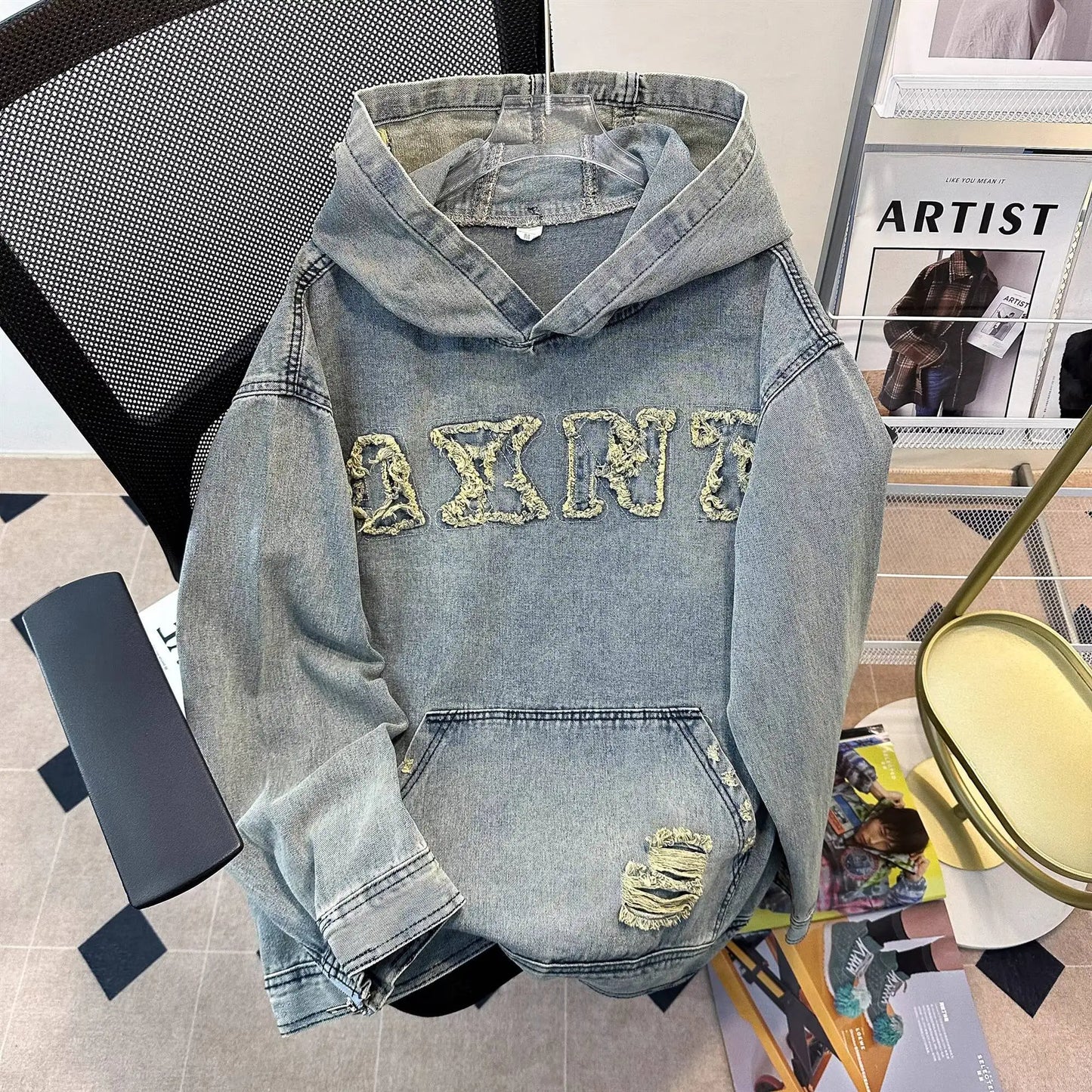 Hip hop Embroidered Denim Jacket for Men Spring Autumn Washed Distressed Loose Hooded Sweatshirt Trendy Coat