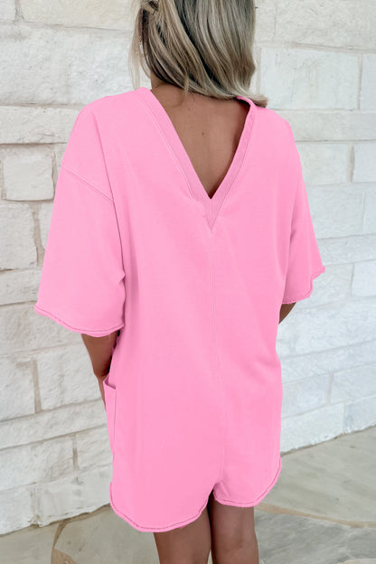Fiery Red Solid Color Raw Edge Half Sleeve Pocketed Loose Romper