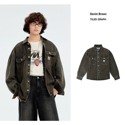 Metersbonwe Men's Vintage Distressed Utility Denim Shirt Jacket Classic Flap Pockets Oversized Fit Outerwear Casual Street Style