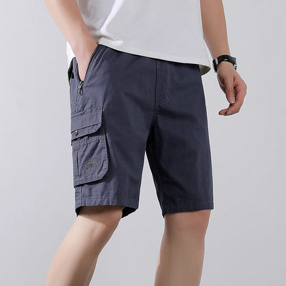 Cotton Cargo Shorts Men Summer Breathable Drawstring Short Pants Casual Loose Straight Work Shorts Elastic Waist Outdoor Shorts
