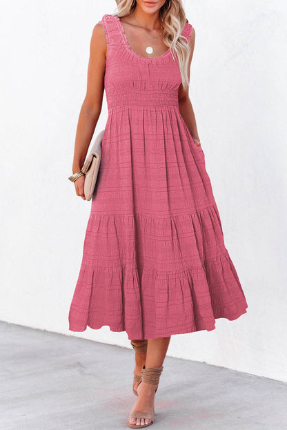 Rose Shirred Pleated Square Neck Sleeveless Midi Dress