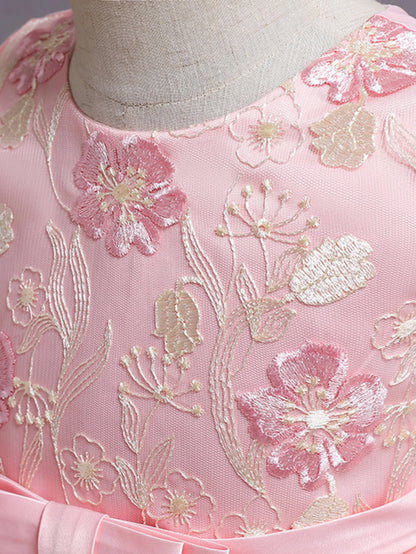 Pink Girl's floral embroidery dress sleeveless slim princess birthday party dress piano performance Wear