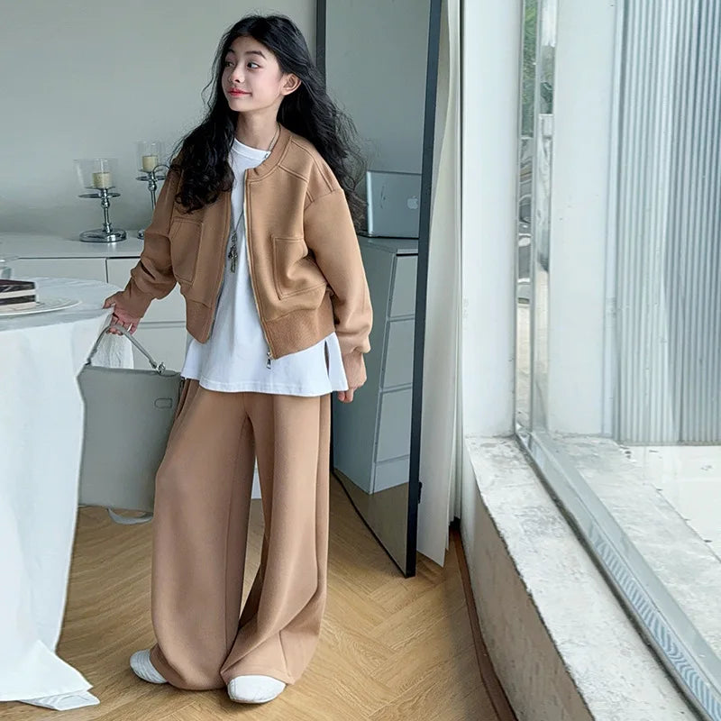 Teen Girls Casual Clothes Set Black Khaki Zipper Jacket+Wide leg pants 2pcs Junior Kids Suit Child Outfits Vetement enfant fille