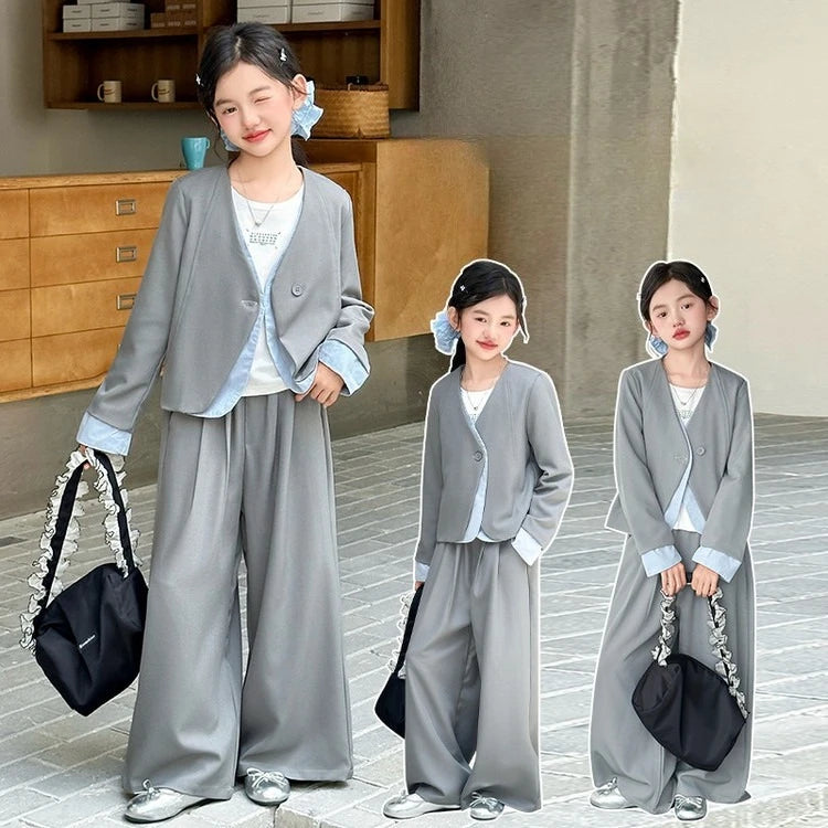 teen girls suit set Color blocked suit jacket+wide leg pants 2 junior kids gray clothes sets child outfits vetement enfant fille