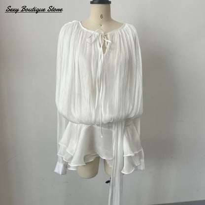 Elegant Lantern Sleeve Blouse Mini Dress With Short O Neck Low Waist Pleated Hem Robes Lace Up Party Vestidso 2025 Lady Clothing