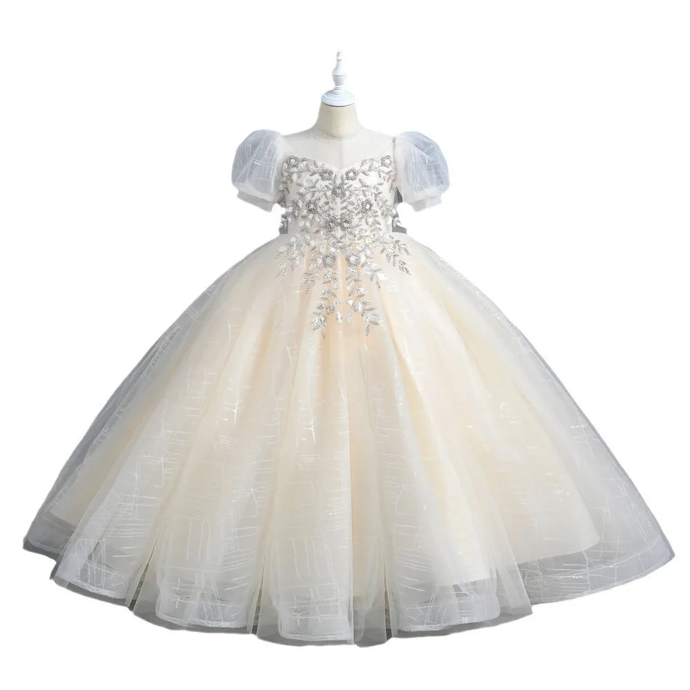New Birthday Summer New Piano Performance Dress Long Host Mesh Sequin Girls' Princess Dress High End Summer Children's Dress