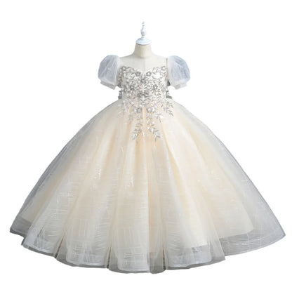 New Birthday Summer New Piano Performance Dress Long Host Mesh Sequin Girls' Princess Dress High End Summer Children's Dress