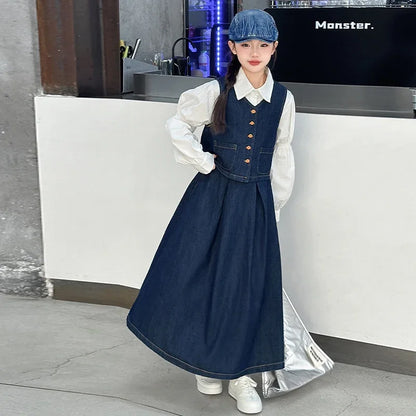 vetement enfant fille teen girls clothes set denim vest+cotton white shirt+Pleated long skirt 3pcs junior kid suit child outfits