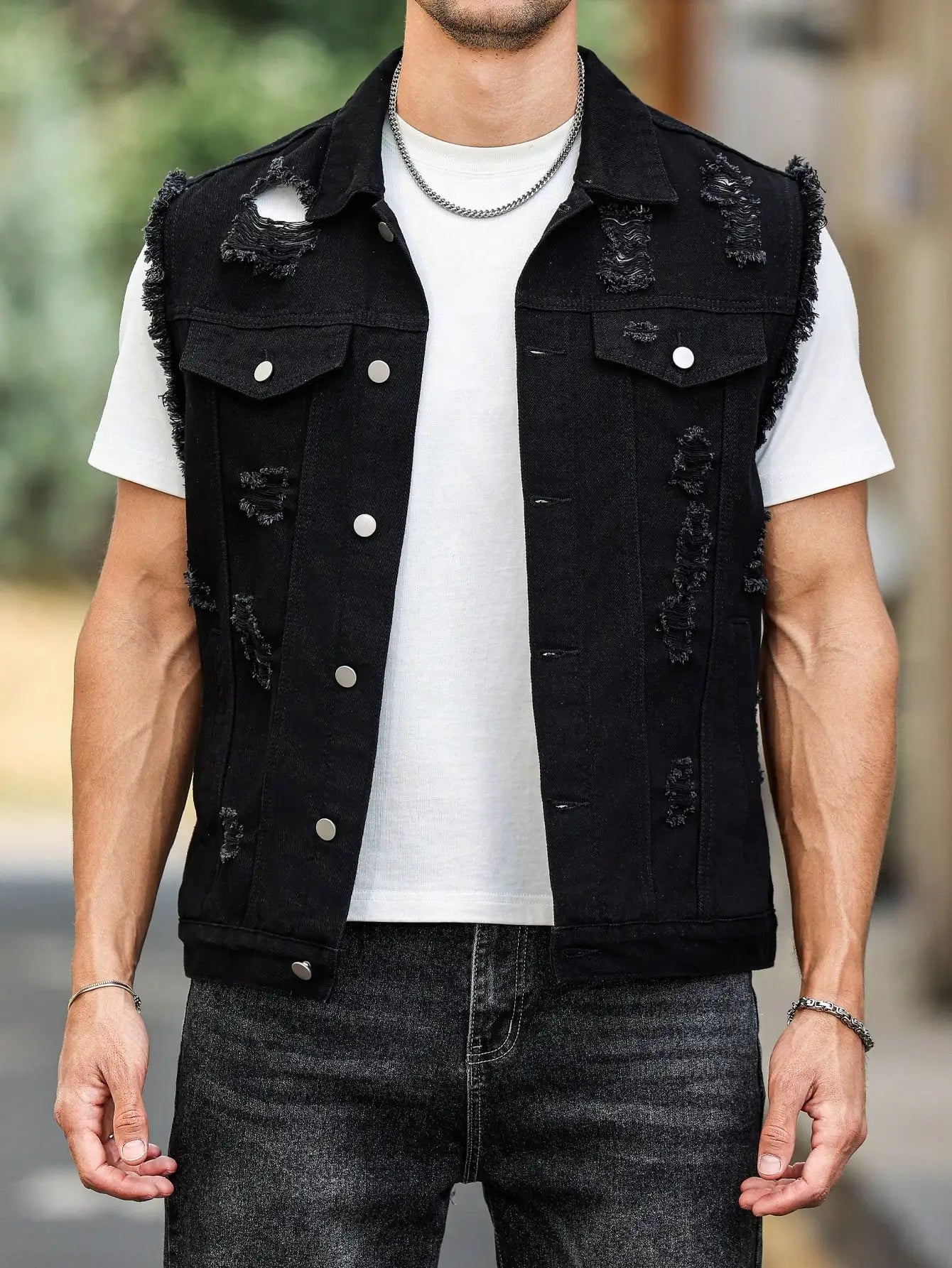 Men's Black Ripped Denim Vest for Spring, Sleeveless Design, a Must - Have for Street - style Trendsetters