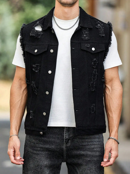 Men's Black Ripped Denim Vest for Spring, Sleeveless Design, a Must - Have for Street - style Trendsetters