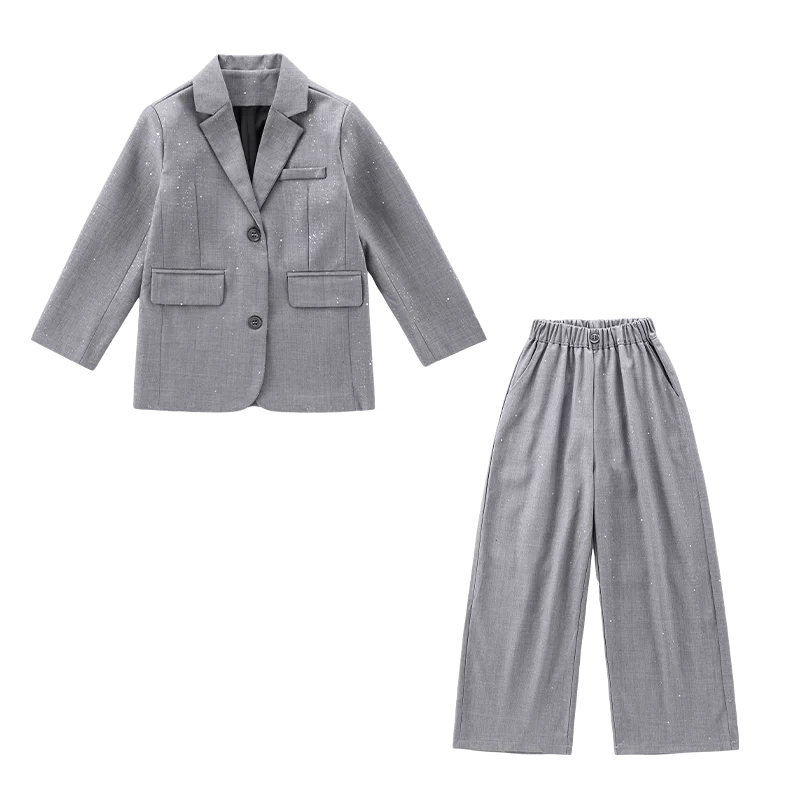 design teen girl shiny suit set black gray Blazer+Wide leg pants 2pc junior kid clothes sets child outftis vetement enfant fille