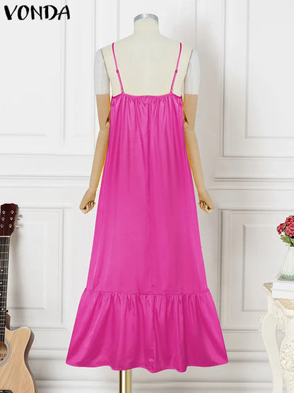 Plus Size Women's Summer Dress Spaghetti Strap Sexy Maxi Sundress 2025 Satin Party Beach Vestido Ruffled Robe 5XL
