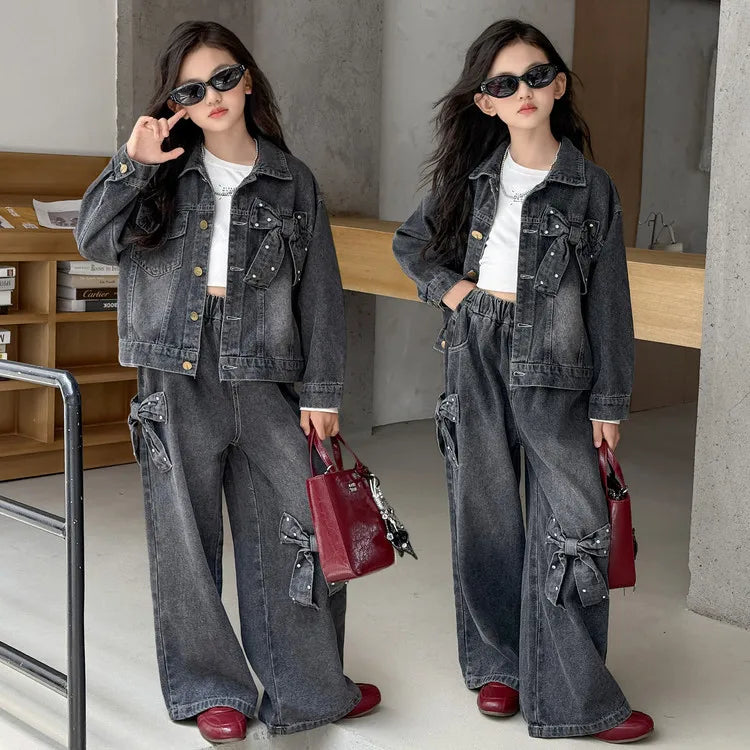 Teen Girls Bow Clothes Sets Denim Jacket+Wide Leg Jeans 2pcs Junior Kid Coat Pants Suit Child Outfits 4-14 vetement enfant fille