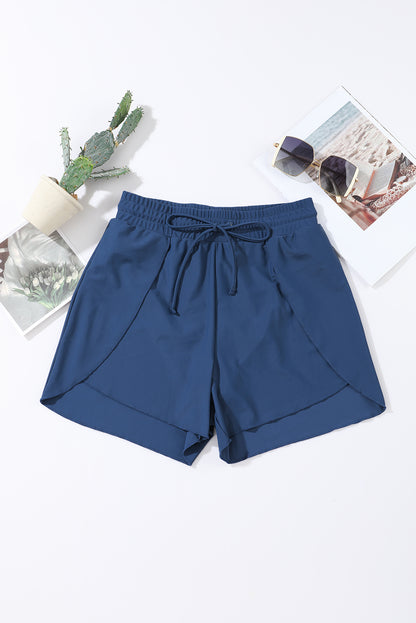 Blue Solid Color 2-in-1 Drawstring Elastic Waist Swim Shorts