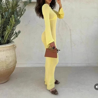 Women Sexy Yellow Knitted Beach Dress Fashion Irregular See Through Bodycon Maxi Dress 2025 Summer Hollow Out Cover UP Robes