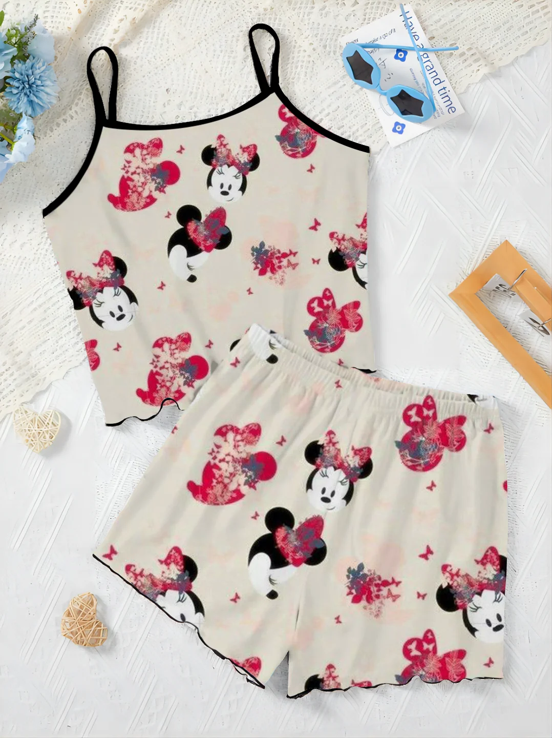 Ensemble T-shirt et Jupe de Pyjama Élégants pour Femme, Garniture en Laitue, Robe à Glisser, Haut Disney, Minnie Mouse, Pièces C