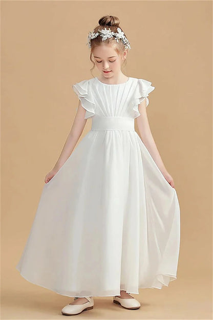 Hot Sale Flower Girl Dress Ruffles Sleeves Quinceanera Dresses Bridesmaid Dress Ruched Chiffon Sash robe de petite fille mariage