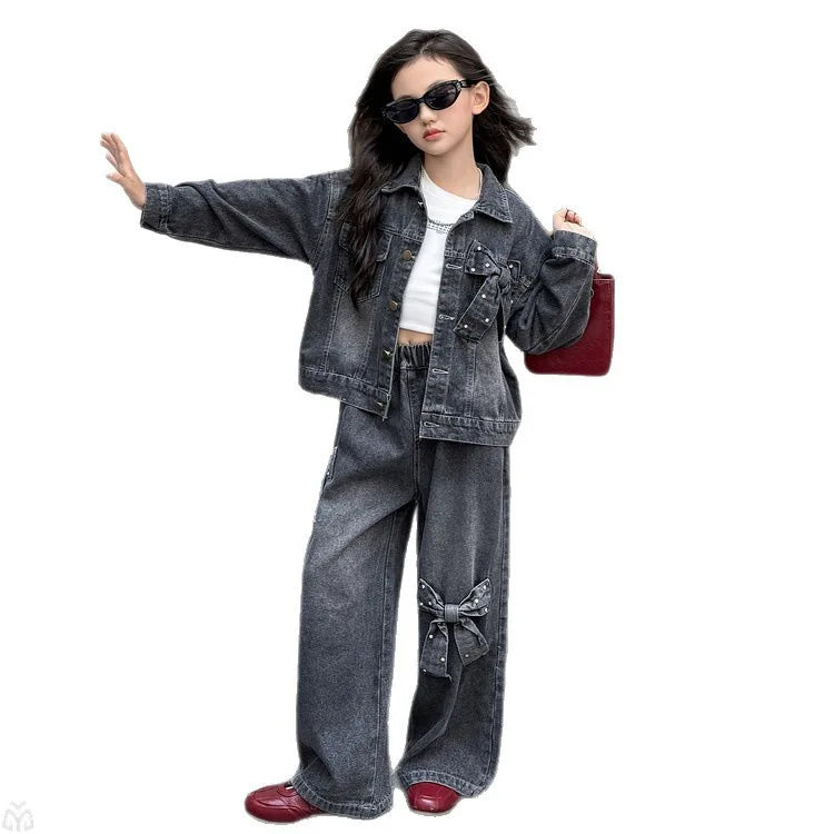 Teen Girls Bow Clothes Sets Denim Jacket+Wide Leg Jeans 2pcs Junior Kid Coat Pants Suit Child Outfits 4-14 vetement enfant fille