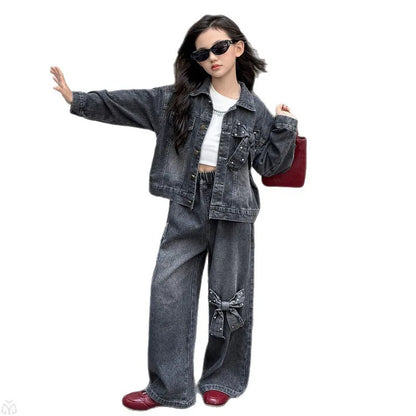Teen Girls Bow Clothes Sets Denim Jacket+Wide Leg Jeans 2pcs Junior Kid Coat Pants Suit Child Outfits 4-14 vetement enfant fille