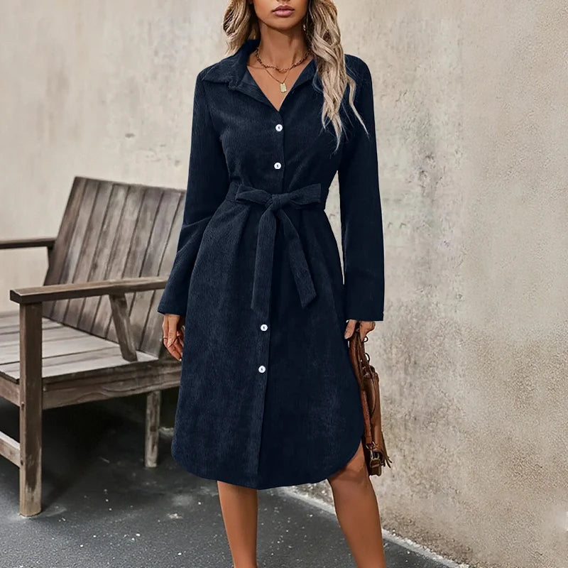Elegant Plus Size Dresses VONDA Women Corduroy Midi Vestidos 2025 Autumn Long Sleeve Solid Casual Streetwear Holiday Party Robe