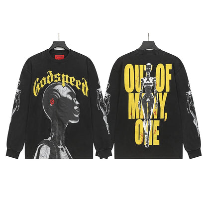 Vintage Washed Godspeed Long-sleeved T-shirts Rock Roll Tee Skull Racing Driver Print Loose Streetwear Tops Men Women