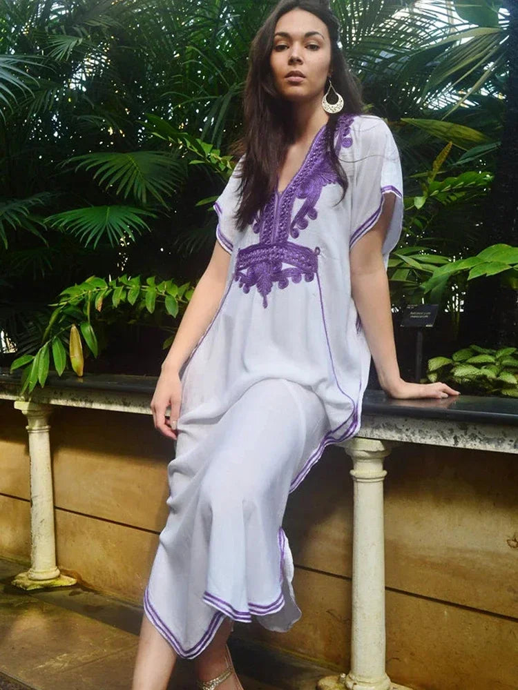 Cover-up Caftan Maxi Dress 2024 Robe De Plage Embroidery Beach Cover Up Women Kaftan Dress For Women Pareo Tunic For Swimwear