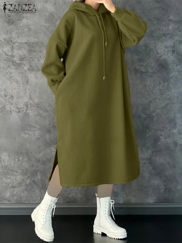 Plus Size 5XL ZANZEA Fashion Sweatshirt Dresses Women Long Sleeve Hooded Robe Autumn Solid Casual Loose Pockets Long Vestidos