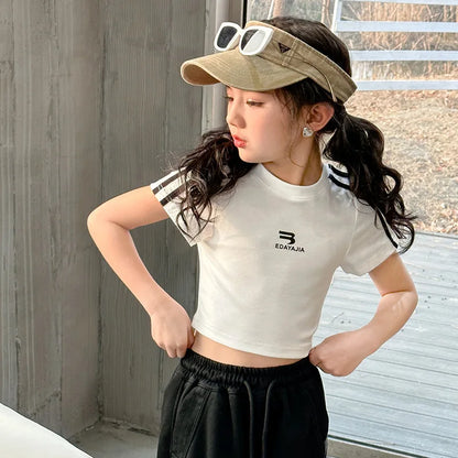 New Summer Black white 95% Cotton American Hot Girls short t-shirt korean streetwear kids top tee clothes vetement enfant fille