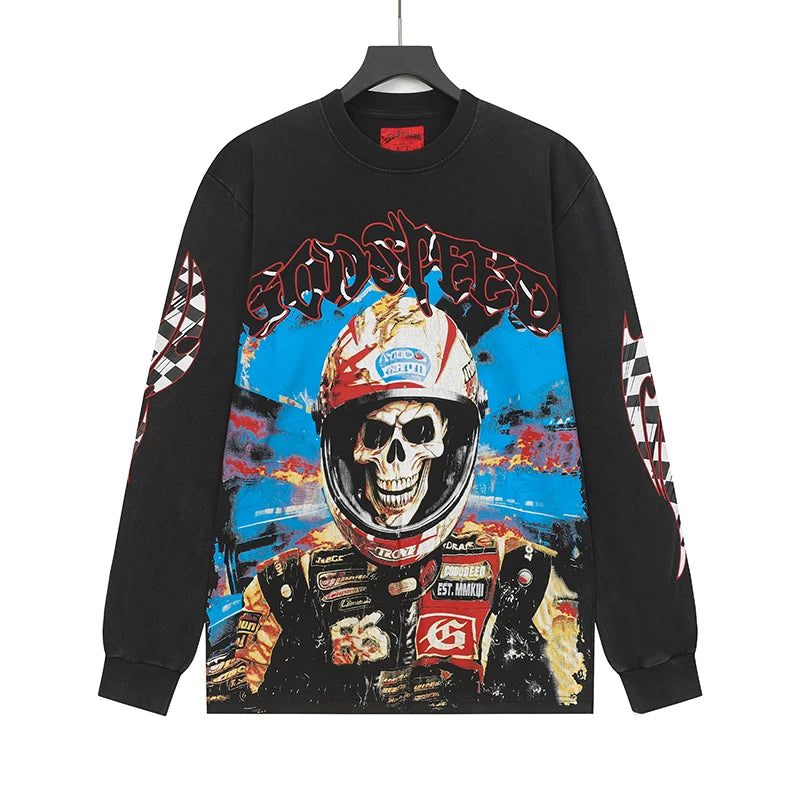 Vintage Washed Godspeed Long-sleeved T-shirts Rock Roll Tee Skull Racing Driver Print Loose Streetwear Tops Men Women