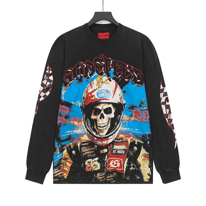 Vintage Washed Godspeed Long-sleeved T-shirts Rock Roll Tee Skull Racing Driver Print Loose Streetwear Tops Men Women