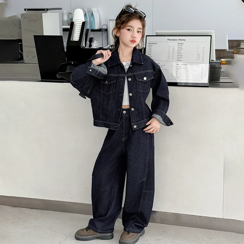 teen girls cowboy clothes set Design denim jacket+Wide leg jeans 2pcs junior kids pants suit child outfits vetement enfant fille