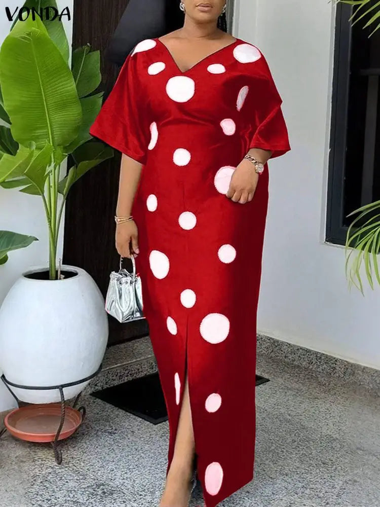 Plus Size 5XL Women Bohemian Long Dress Dot Printed Sundress 2025 VONDA Fashion Half Sleeve Robe Casual Loose Party Vestidos