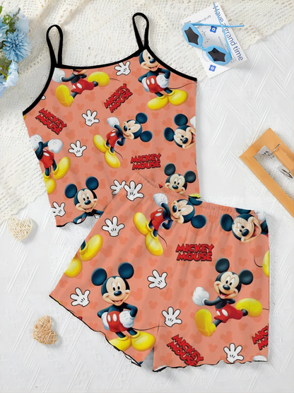 Ensemble T-shirt et Jupe de Pyjama Élégants pour Femme, Garniture en Laitue, Robe à Glisser, Haut Disney, Minnie Mouse, Pièces C
