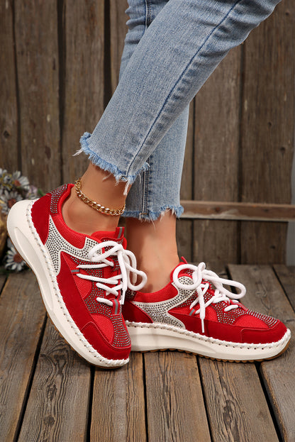 White Rhinestone PU Leather Platform Casual Sneakers