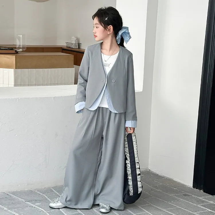vetement enfant fille teen girls suit set Color blocked suit jacket+wide leg pants 2 junior kids gray clothes sets child outfits