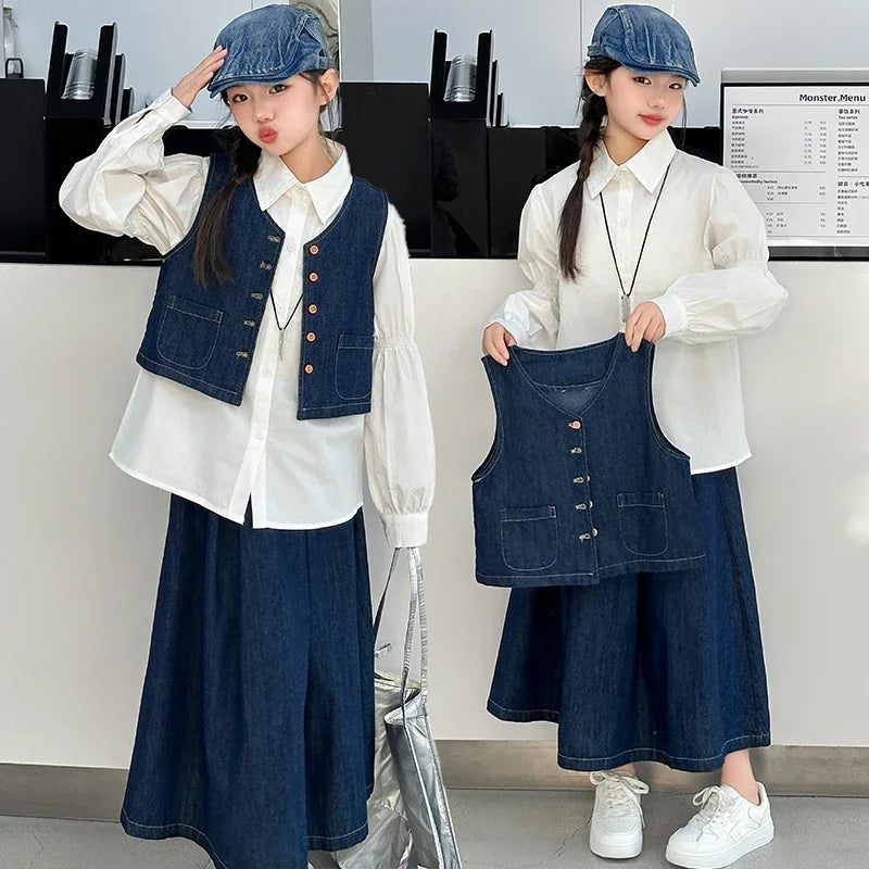 vetement enfant fille teen girls clothes set denim vest+cotton white shirt+Pleated long skirt 3pcs junior kid suit child outfits