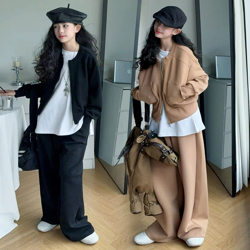 black khaki teen girls casual clothes set Zipper jacket+wide leg pants 2pcs junior kids suit child outfits vetement enfant fille