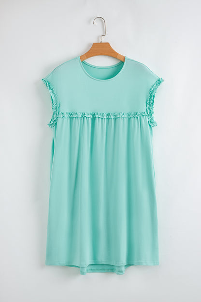 Oatmeal Frilled Trim Crewneck Loose Fit Mini Dress