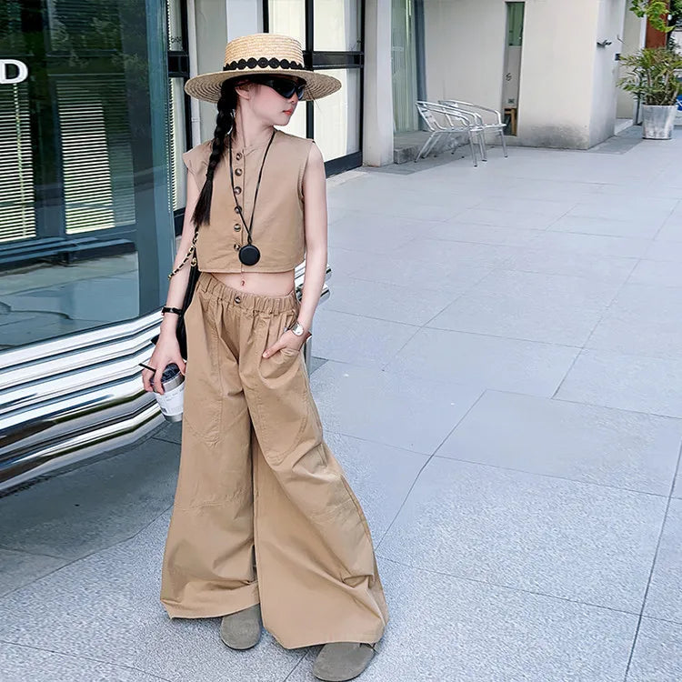 summer teen girl khaki casual clothes suit sleeveless vest top+wide leg 2pcs junior kid suit child outfits vetement enfant fille