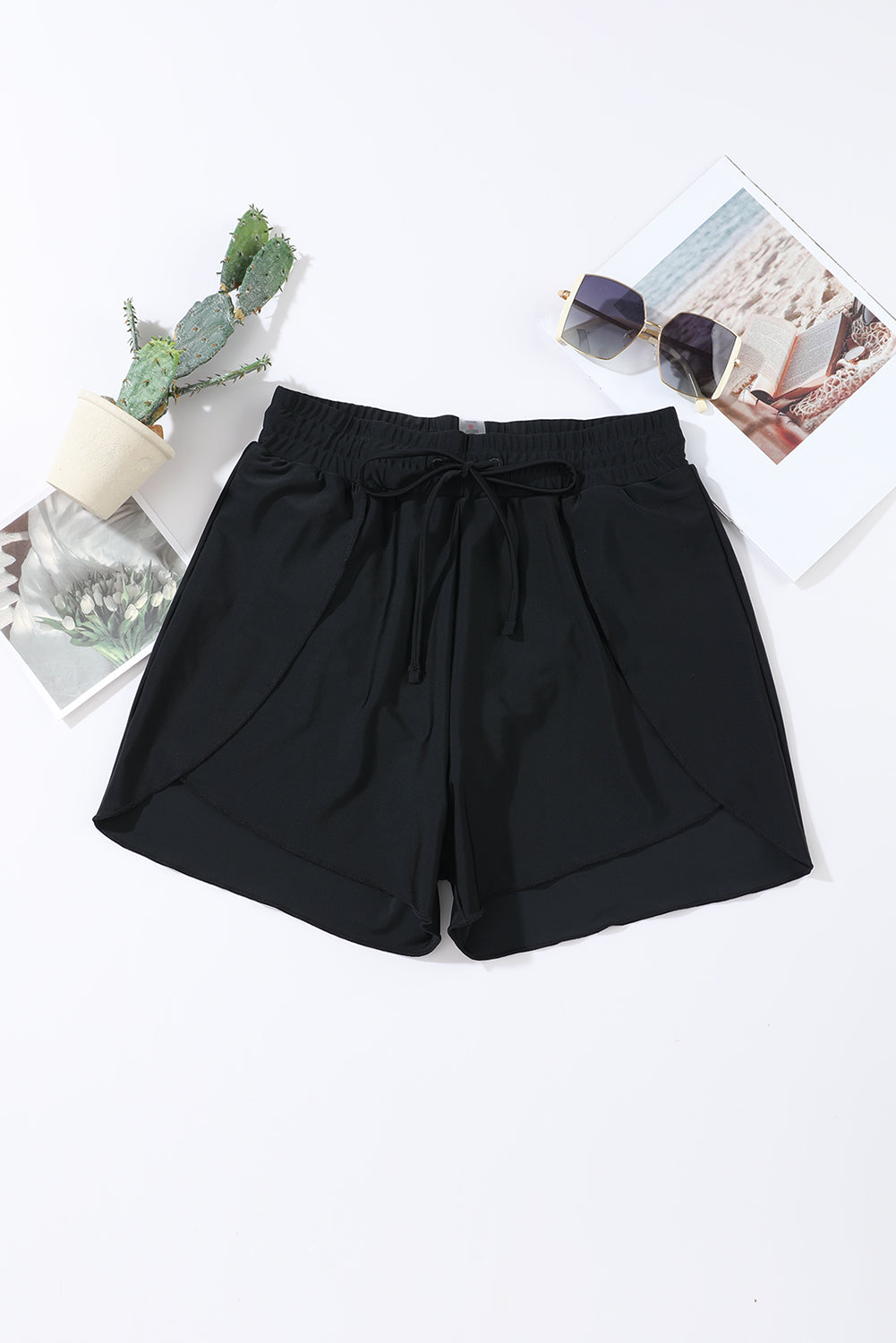 Blue Solid Color 2-in-1 Drawstring Elastic Waist Swim Shorts