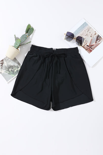 Blue Solid Color 2-in-1 Drawstring Elastic Waist Swim Shorts