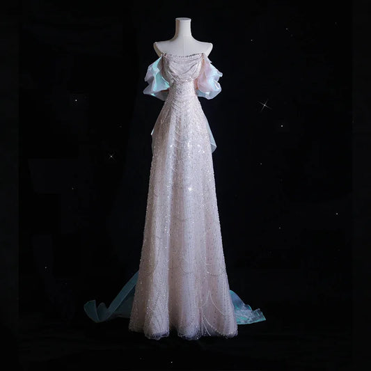 2025 Elegant Shiny Women Evening Dresses High End Pearls Sequins with Bow Prom Birthday Party Gowns Formal Robes De Soirée