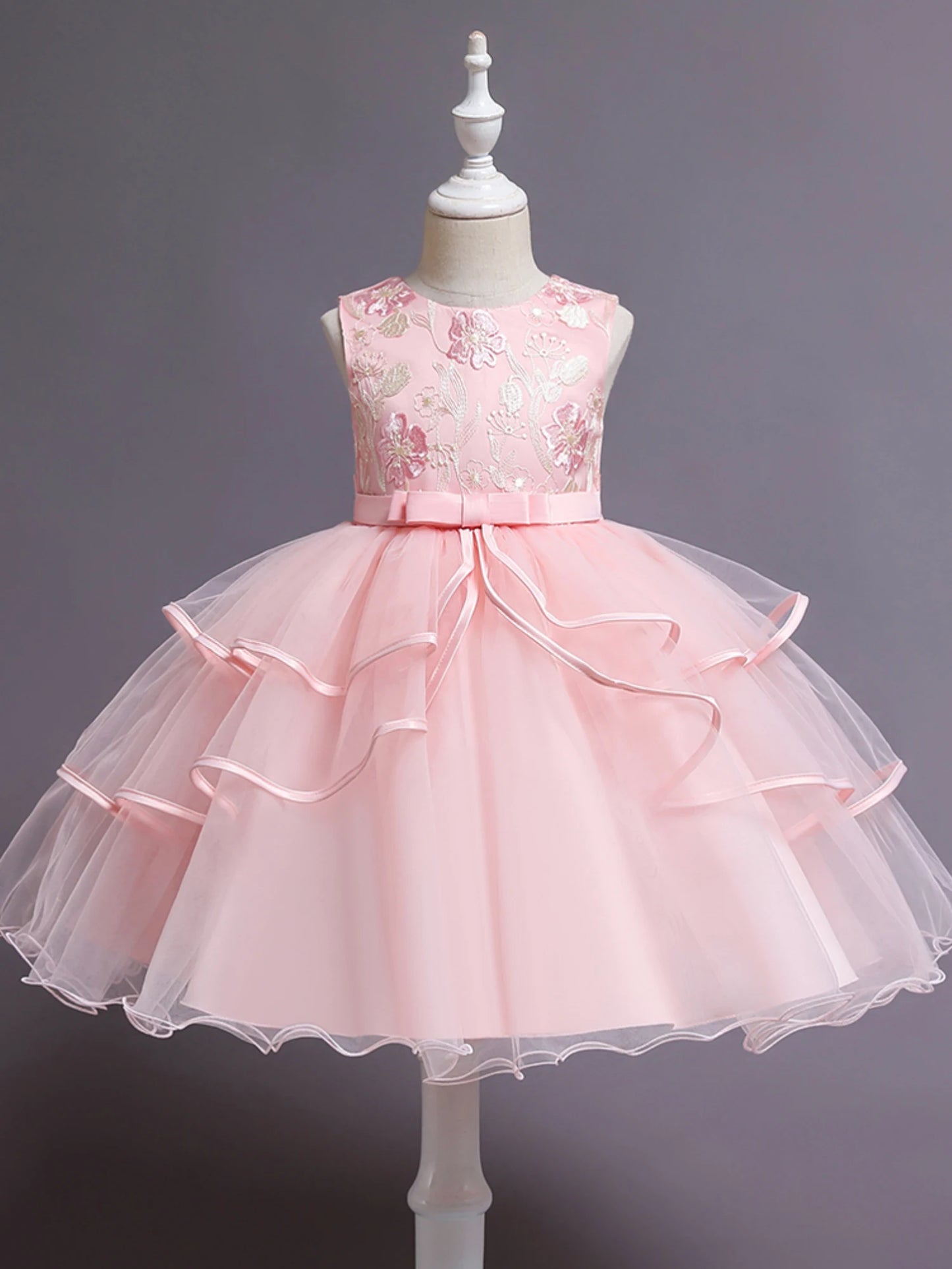 Pink Girl's floral embroidery dress sleeveless slim princess birthday party dress piano performance Wear