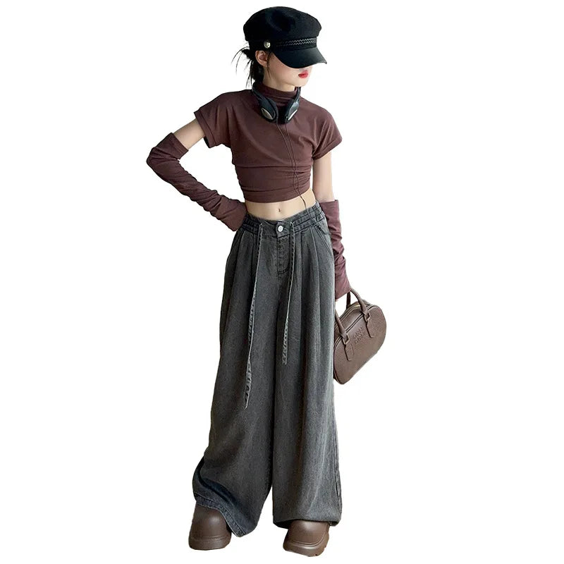 Girls Jeans Spring Fall Famous Western-style Child Wide Leg Pants Kids Floor Trousers 6 8 10 12 14 Vetement Enfant Fille Clothes