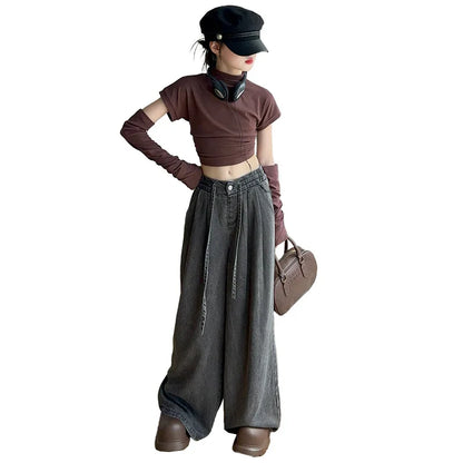 Girls Jeans Spring Fall Famous Western-style Child Wide Leg Pants Kids Floor Trousers 6 8 10 12 14 Vetement Enfant Fille Clothes