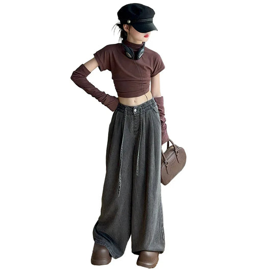 Girls Jeans Spring Fall Famous Western-style Child Wide Leg Pants Kids Floor Trousers 6 8 10 12 14 Vetement Enfant Fille Clothes